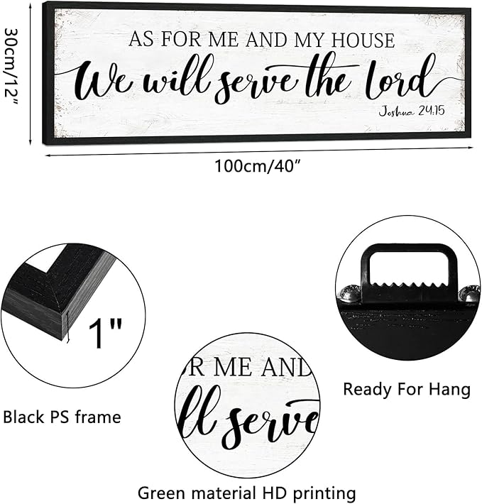 As for Me and My House We Will Serve the Lord Sign: Rustic Family Bedroom Signs Wall Decor Above Bed,Framed Country Wall Plaque Hanging Farmhouse Bible Verse Sign Christian Art Gifts 12" x 40"