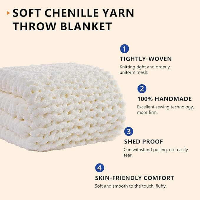 L'AGRATY Chunky Knit Blanket Throw: 72''x84'' Chenille Chunky Knitted Throw Blanket for Bed Couch - Handmade Thick Big Cable Knit Blanket - Large Chunky Crochet Blanket for Home Decor(Cream White)