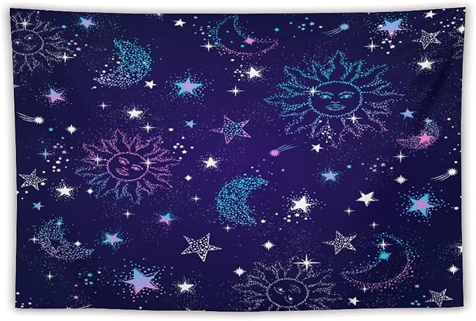 HZOHNAGO Boho Sun Moon Tapestry Purple Blue Sun Stars Galaxy Pattern Printed Wall Tapestry Wall Hanging for Bedroom Living Room Dorm 60" W x 40" H