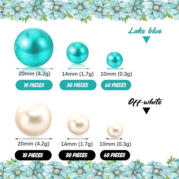 200 PCS Teal White Vase Fillers, Pearls Bead for Centerpieces Vases, 10/14/20 MM No Hole Beads, Fake Pearls for Wedding Birthday Anniversary Theme Party Table Centerpieces Decor