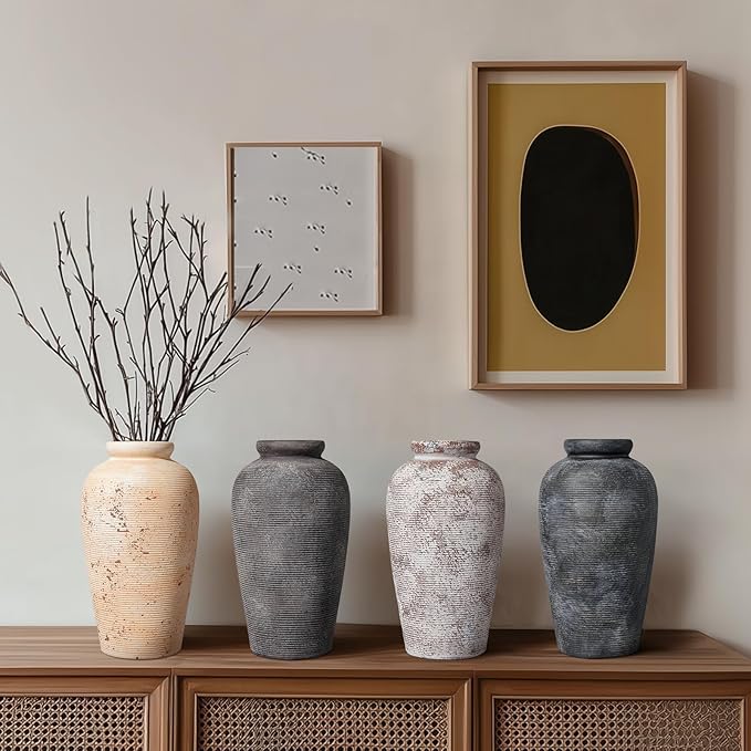 Large Rustic Terracotta Vase, 11 inch Tall Ceramic Flower Vase, Clay Farmhouse Decorative Vases for Flowers, Living Room, Shelf, Entryway, Home Decor, Grey