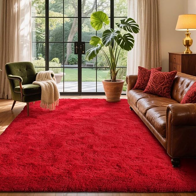5x7 Ft Red Shag Rugs for Bedroom Living Room Decor, Ultra Soft Fluffy Furry Area Rug for Indoor Floor, Aesthetic Carpet for Home Nursery Dorm Decor