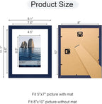 8x10 Picture Frame Set of 4, 8 x 10 Wood Photo Frames with Mat for 5x7, Natural Wooden Frame with Real Glass Cover for Wall and Tabletop Display,Blue