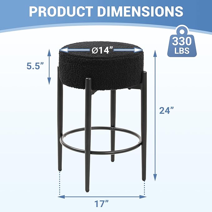 Counter Height Bar Stools, Set of 4, 24" Modern Backless Bar Stools, Ideal for Kitchen Counter, Kitchen Island, Boucle Sherpa Padded Cover, with Round Soft Seat and Foot Rest, Black