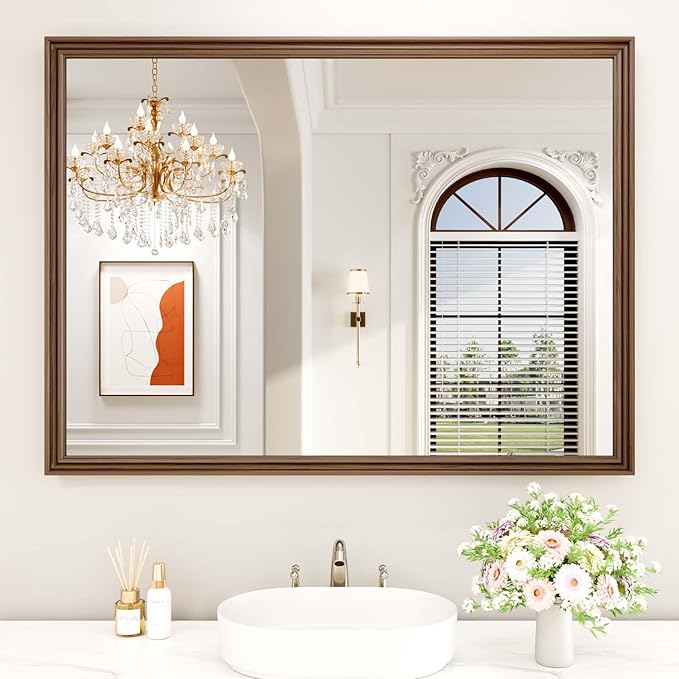 WEER Retro Copper Bathroom Mirror, 48x36 Inch Bronze Oil Rubbed Framed Mirror, Rectangle Classic Vintage Framed Wall Mirror, Farmhouse Vanity Mirror, Tempered Glass, Vertically or Horizontally