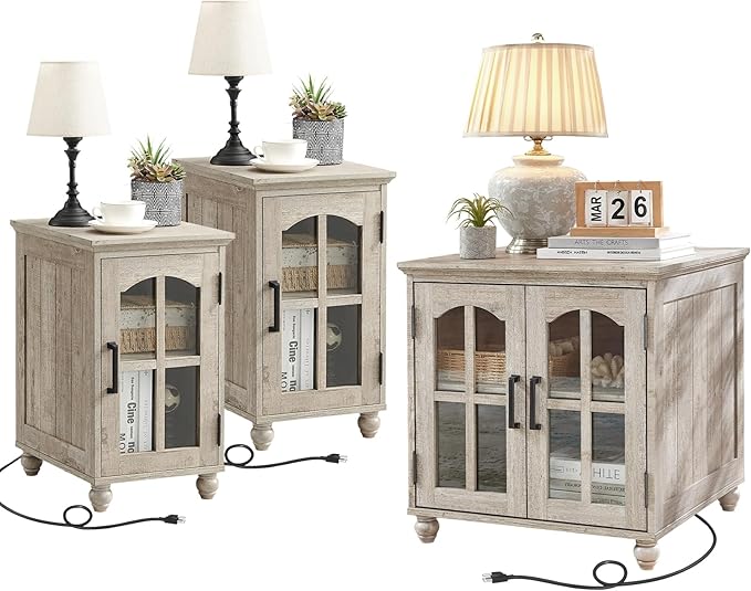 Farmhouse End Table Set of 3 with Charging Station, 18'' Narrow Side Table and 24" Large Sofa Side Table with Glass Barn Door Storage, Wood Night Stand Bedside Table for Living Room,Bedroom