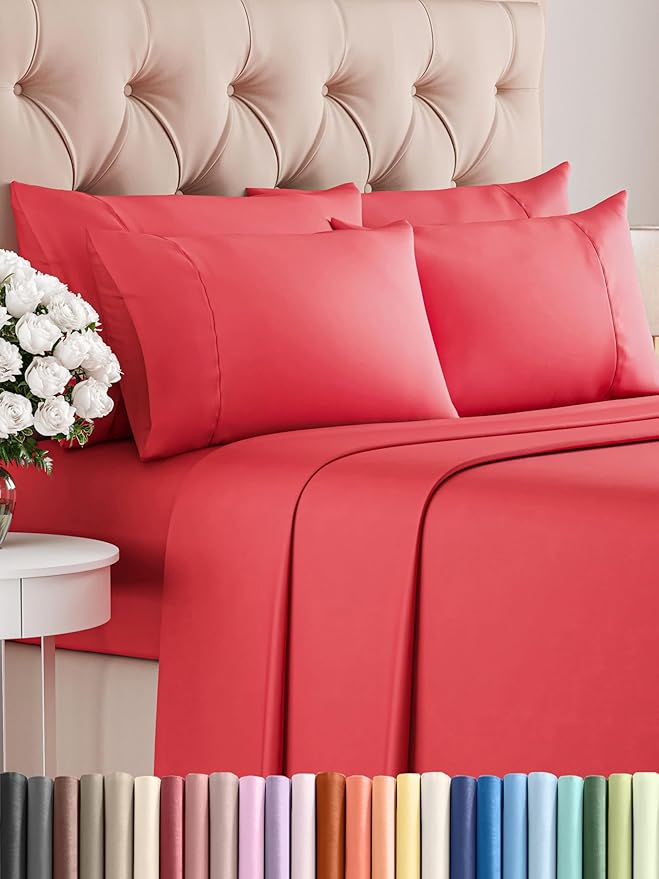Queen Sheets Set 6 Piece - Bed Sheets Queen Size - Soft Hotel Luxury Bedding - Cooling, Comfy & Breathable - 1 Flat & 1 Fitted & 4 Pillowcases with Deep Pockets - Wrinkle Resistant & Fade Free - Red