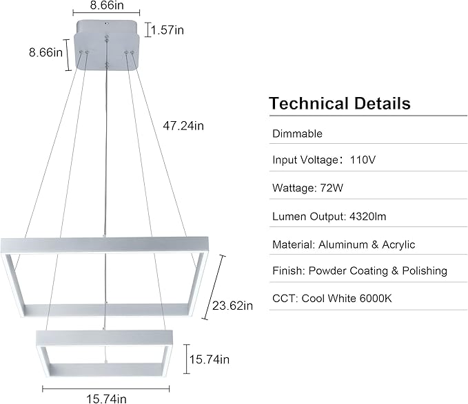 Led Chandelier 2 Layers Modern Pendant Light Dimmable 6000K Cool Whit Light Adjustable Chandelier Ceiling Light Fixture for Living Room Bedroom Kitchen Dining Room 72W 110V (Silver)
