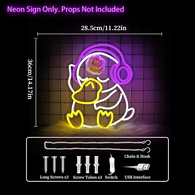 Neon Sign - Duck LED Neon Signs for Wall Decor, Cute Animal Light Up Sign for Bedroom, Party, Bar, Game Room & Kids Room Decor