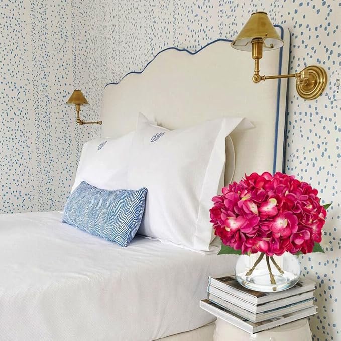 Hollyone Hydrangea Artificial Flowers with Glass Vase Fuchsia Silk Faux Flowers Arrangements in Vase with Faux Water Fake Floral Bulk Bouquet for Home Decor Table Centerpiece Decorations