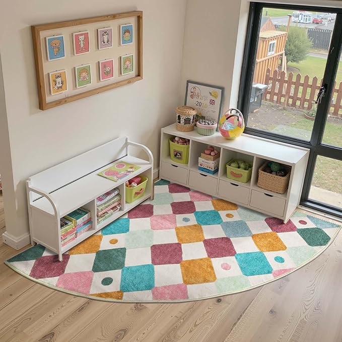 jinchan Kids Rug for Nursery 6ft Radius Corner Washable Area Rug Modern Colorful Quarter Circle Rug Soft Non-Slip Carpet for Bedroom Playroom Daycare Reading Nook Kitchen Classroom Confetti on Cream