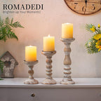 Candle Holder for Pillar Candles: Romadedi Set of 3 Decorative Wood Candlestick Holders, Rustic Wooden Candle Stand for Fireplace Mantle End Table Shelf in Farmhouse Style, Whitewashed 6”, 8.3”, 12”