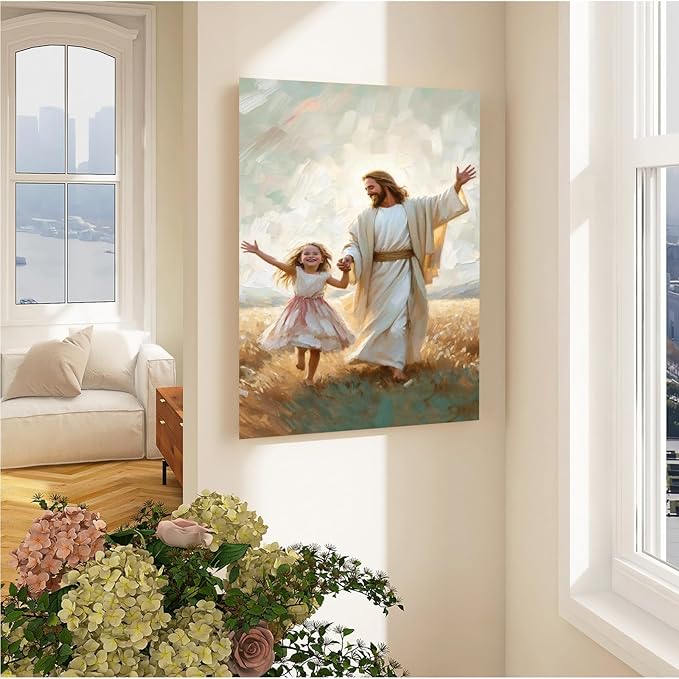 XWNLTEPK Dancing Day Christian Painting Jesus With Girl Christian Wall Art Bible Jesus Dancing With Little Girl Print Canvas Wall Art Poster
