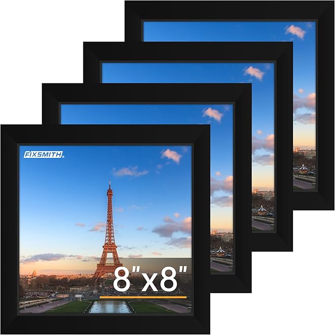 FIXSMITH 8x8 Picture Frames Set of 4, Photo Frame with HD Plexiglass, Display Pictures 6x6 with Mat or 8x8 Without Mat Multi Picture Frames Collage for Tabletop or Wall Display, Black