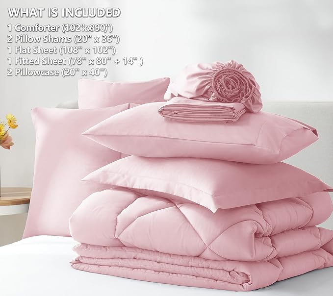 CozyLux King Size Comforter Sets Pink - 7 Pieces Bed in a Bag King, Luxury Soft Bed Set for All Seasons, Bedding Set with Down Alternative Comforter, Sheets, Pillowcases & Shams