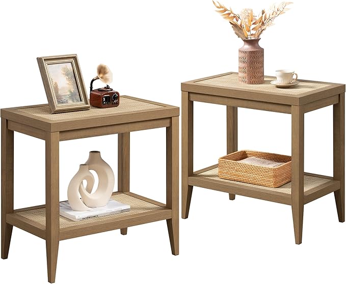 SICOTAS Rattan Nightstands Set of 2 Bedside Table - Boho Narrow End Table Living Room Set of 2 Side Table with Rattan Storage Shelves for Small Space