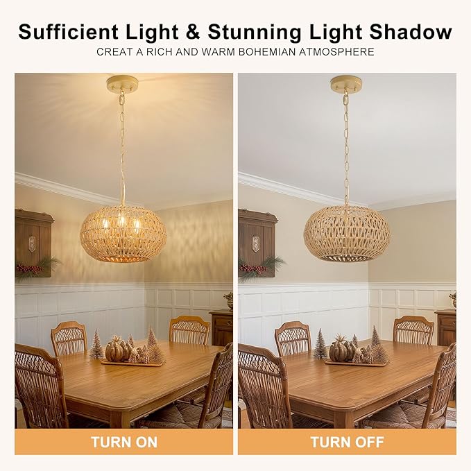 Rattan Farmhouse Chandeliers for Dining Room, 3-Light Boho Chandelier with Wicker Lampshade, Coastal Hanging Ceiling Pendant Light Fixtures for Kitchen Island Bedroom Living Room, E12 Base