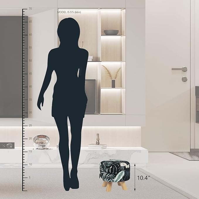 Asense Round Small Footrest Ottoman Velvet Fabric Padded Footstools with Anti-Slip Wooden Legs, Patterns Black