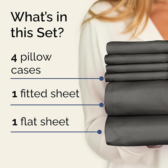 Queen Sheets Set 6 Piece - Includes 4 Pillowcases - Bed Sheets Queen Size - Soft Hotel Luxury Bedding - Cooling, Comfy, Cozy & Breathable - 1 Flat, 1 Fitted & 4 Pillowcases w/ Deep Pockets - Charcoal