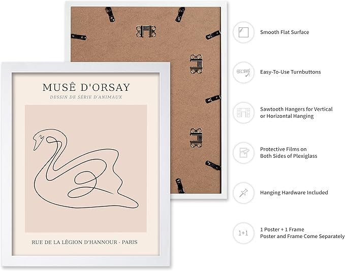 Poster Master Vintage Poster - Retro One Line Swan Drawing Print - Swan Art - Bird Art - Minimal Gift for Her, Animal Lover - Abstract Decor for Home, Office, Bedroom, 16x20 White Framed