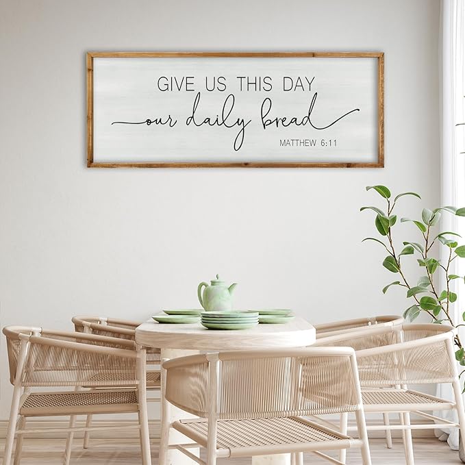 ZZJJHYWGQ Dining Room Wall Decor Give Us This Day Our Daily Bread Sign Bible Verse Christian Quotes 40"×15" Matthew 6:11 for Kitchen Large Farmhouse Rustic Horizontal Wall Hanging Art (Wood)