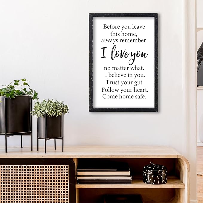 Before You Leave This Home Sign Wall Decor 16x11 Inch I Love You Inspirational Entryway Wood Framed Wall Hang Art (Black)