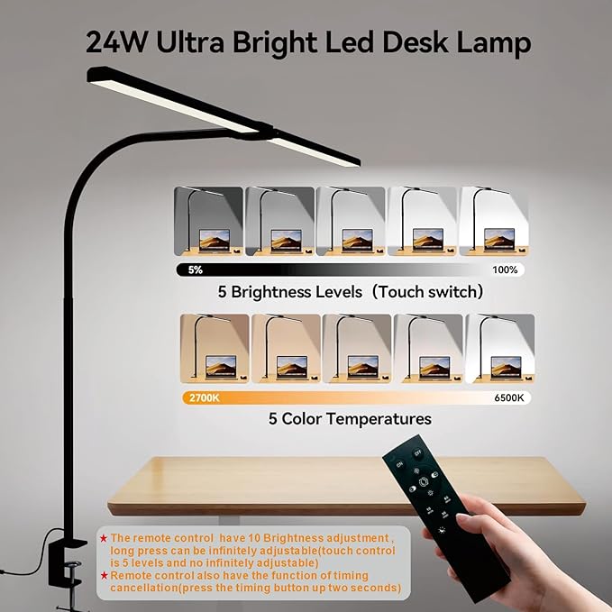 LED Desk Lamp for Home Office, Eye Caring Architect Desk Light with Clamp,50 Lighting Models,Remote and Touch Control,24W 2000LM,Memory Function and Timer for Study, Reading,Workbench Black