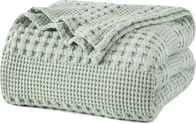PHF 100% Cotton Waffle Weave Blanket King Size, Soft Lightweight Breathable Cozy Summer Blankets for Bed, Luxury Aesthetic Woven Bedding for Home Decor, 108"x90", Sage Green