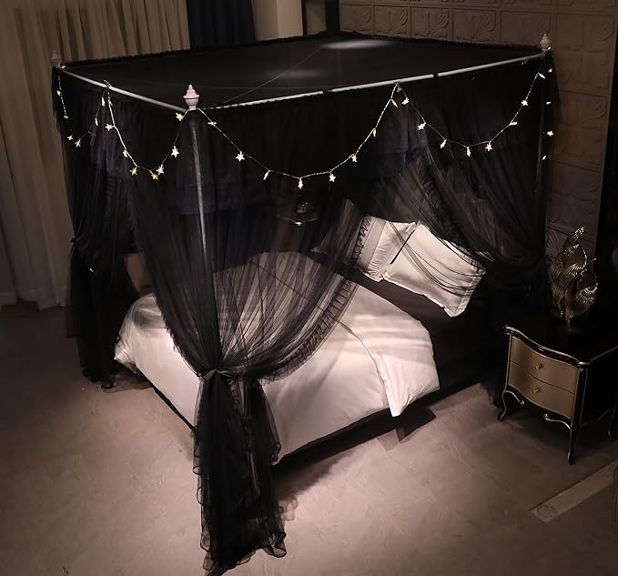 VETHIN 4 Corners Post Ruffle Princess Bed Canopy Curtain-Double Layer Cozy Drape Netting 4 Opening Mosquito Net for Girls Adults Bedroom Decoration (Double-Black,47" W*78" L*82" H/Twin)