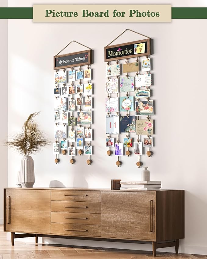 Bikoney 2-Pack Picture Frames Collage Wall Decor Photo Display Photo Board Wood Rustic Frames for Wall Decor and Party with 2 Blackboard and 60 Clips Carbonized Black