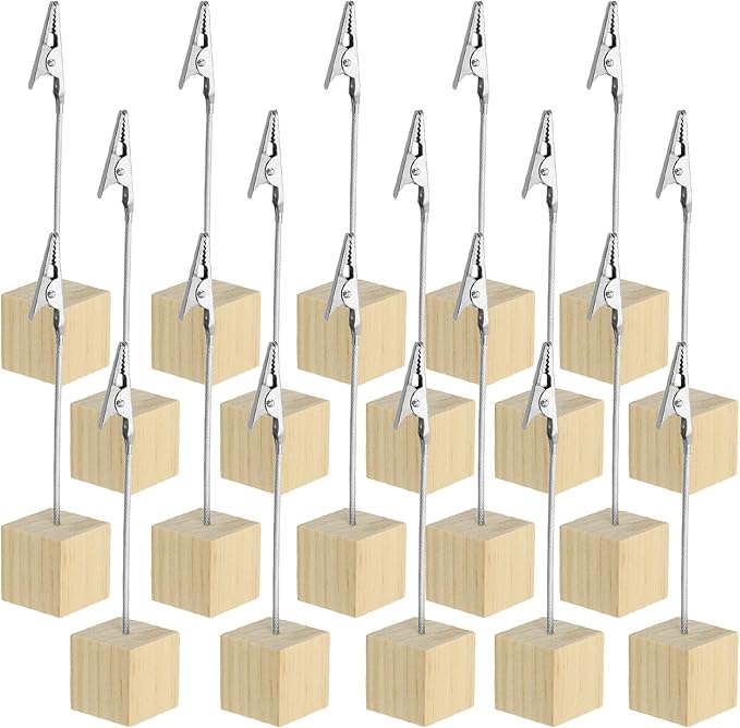 PATIKIL Place Card Holder, 20Pcs Memo Clip Holder Stand with Alligator Clasp Table Number Holders Wooden Base for Pictures Note Card Paper, Brown