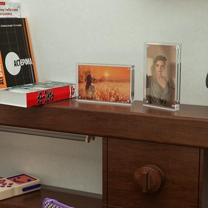 3 Pack Acrylic Picture Frames 5x7 Inch Free Standing, Clear Crystal 5'' x 7'' Picture Frame, Office Desktop Magnetic 5x7 Lucite Photo Frame for Specimens, Tickets, Stamps, Pictures Display
