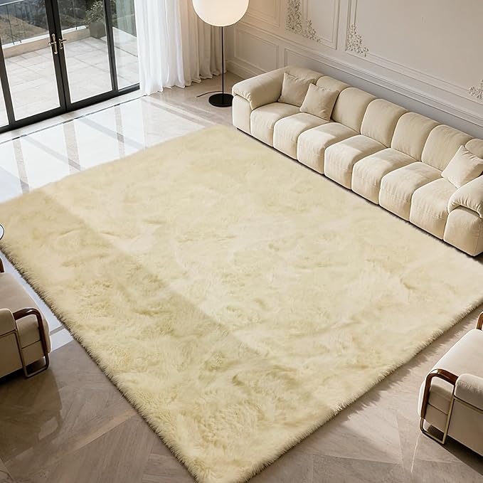 8x10 Fluffy Area Rugs for Living Room,Shag Area Rug for Bedroom,Ivory Soft Fuzzy Rug Non-Shedding Indoor Plush Carpet for Kids Bedroom Nursery Home Decor