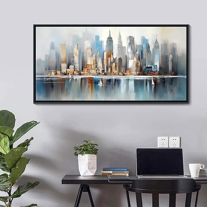 DUNHUANG ART Modern New York City Skyline Wall Art - Abstract Colorful Manhattan Sky Painting for Home & Office Decor - Large Framed Cityscape Picture 24"x48"