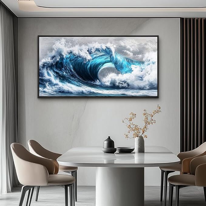 PHAOHUAXM Blue Wave lPaintings Wall Art For Living Room Wall Decor For Bedroom Ocean Inspiration Wall Pictures Office Decor Posters Modern Printing Canvas Artwork Home Decor Black Framed 20x40 In