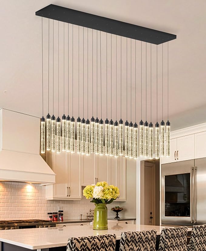 Rectangular Chandeliers 26-Lights Long Light for Entryway LED Dimmable Chandeliers Lighting Fixture Flat Sloped High Ceiling Pendant Lights Crystal for Living Room Foyer Hallway Staircase Black