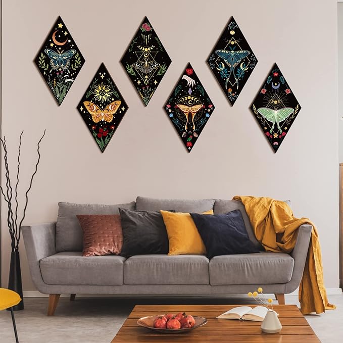 Sintuff 6 Pieces Halloween Gothic Wall Decor Boho Sun Moon Phases Wall Art Gothic Minimalist Stars Sun Hanging Wooden Home Decor Farmhouse Pediments for Gallery Living Bedroom Room(Butterfly)