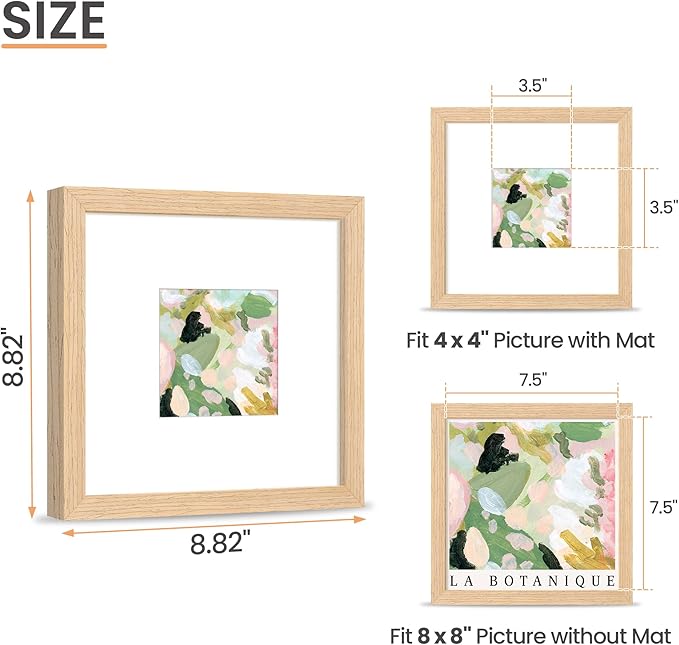 upsimples 8x8 Picture Frames, Natural Solid Wooden Picture Frames, Display 4x4 with Mat or 8 x 8 Without Mat, Wall or Tabletop, 1 Pack, Natural