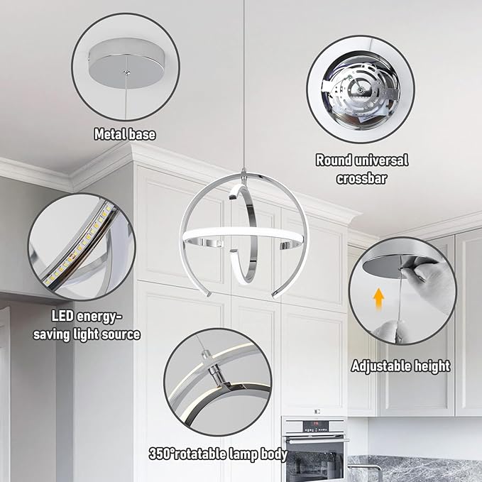 Chrome Modern LED Pendant Light, Silver Dimmable Metal Globe Chandelier, Hanging Ceiling Light Fixture for Room Dining Bedroom Living Room Kitchen Island Hallway Entryway Foyer 13 Inch