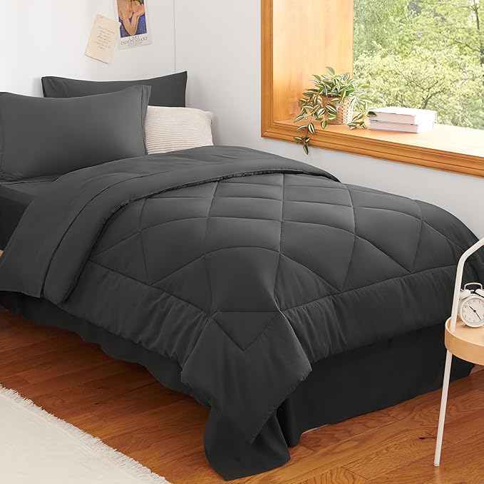 CozyLux Twin Comforter Set with Sheets Dark Grey - 5 Pieces Bed in a Bag Twin, All Season Bed Set for Girls and Boys, Bedding Set with Down Alternative Comforter, Sheets, Pillowcase & Sham