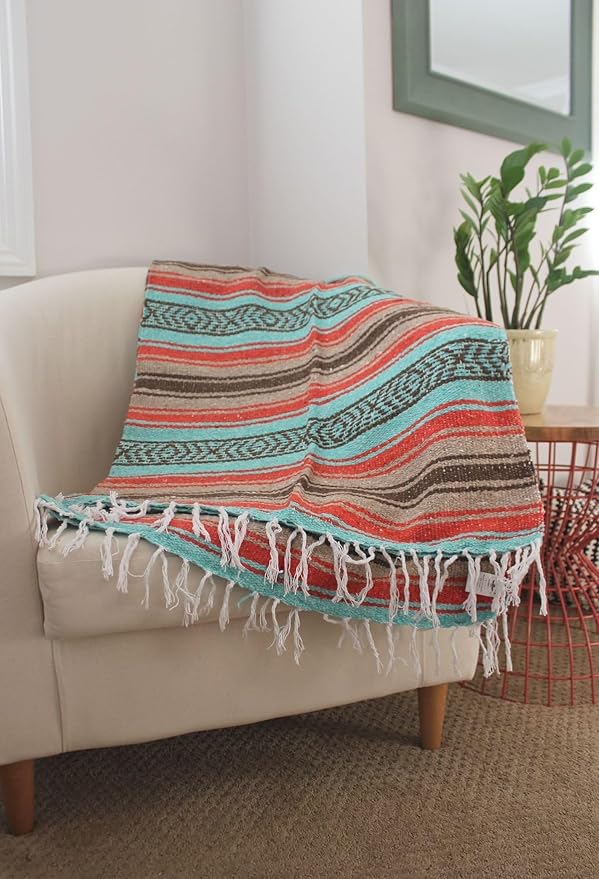 Del Mex Classic Mexican Blanket, Large Authentic Woven Falsa Throw (70"x50"), Artisan Southwest Décor for Beach, Yoga, Outdoors (Mint/Tan/Orange)