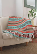 Del Mex Classic Mexican Blanket, Large Authentic Woven Falsa Throw (70"x50"), Artisan Southwest Décor for Beach, Yoga, Outdoors (Mint/Tan/Orange)