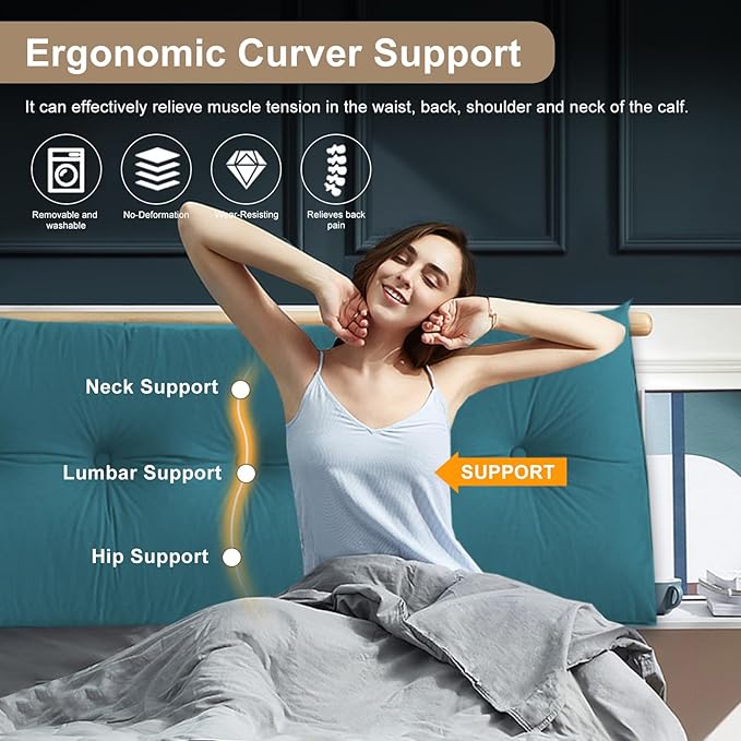 Large Triangular Headboard Pillows Long Backrest Positioning Support Bolster Cushion for Daybed Fluffy Quality Plush Body Wedge Pillow with Removable Cover(Dark blue-King-76x8x20in)