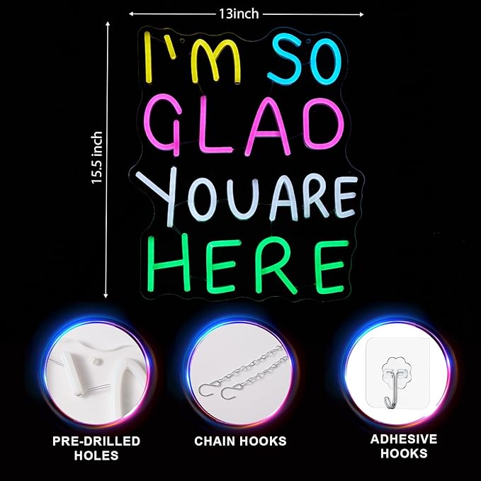 LED I'm So Glad You Are Here Neon Sign Dimmable LED Neon Light for Wall Decor Classroom USB Powered Multicolored Light Up Sign School wedding Kid Room Party