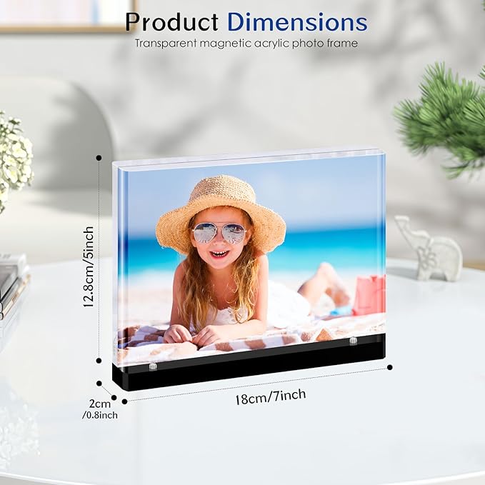 Magnetic Acrylic Picture Frames – Thick Double-Sided Clear Display, Black Base Decorative 5x7 Photo Frame for Home & Office Desktop (3-Pack, Horizontal)