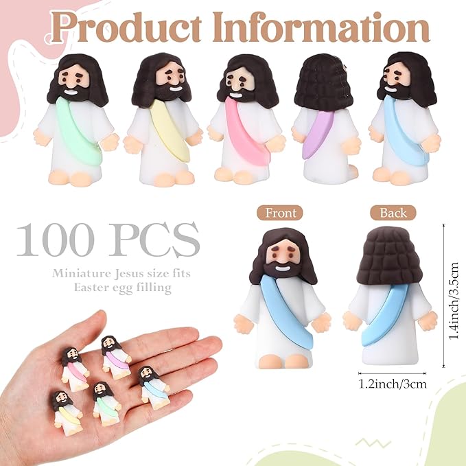 Bememo 100 Pcs Jesus Toys Original Design Mini Rubber Little Jesus Figurine to Hide and Seek Religious Party Favors Sunday School Craft Baptism Gifts for Easter Egg Stuffers (Macaron Color)