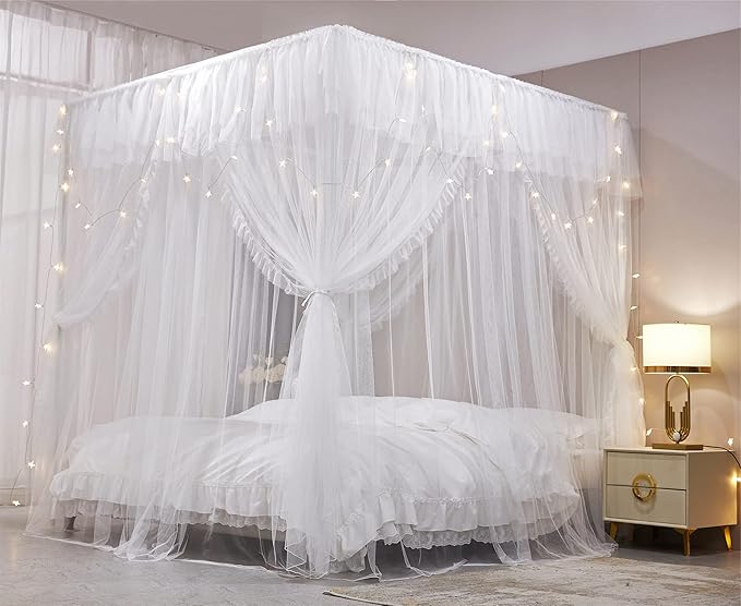 VETHIN 4 Corners Post Ruffle Princess Bed Canopy Curtain-Double Layer Cozy Drape Netting 4 Opening Mosquito Net for Girls Adults Bedroom Decoration (White/White, 78" W*86" L*82"*H/(King))