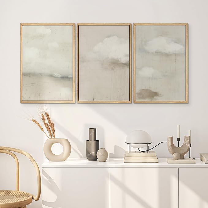 SIGNWIN Framed Canvas Print Wall Art Soft Neutral Cloudscape Minimalist Sky Photography Modern Art Minimalist Black and White for Living Room, Bedroom, Office - 16"x24"x3 Natural