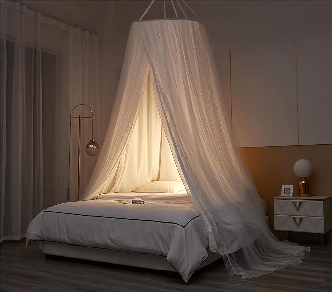 VETHIN Double Layer Princess Round Dome Canopy Bed Curtain for Girls Adults,Children Dreamy Mosquito Net,Cute Bedroom Decoration Castle Play Tent Reading Nook Canopies (Dome-White/White)