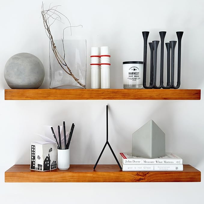 Homeforia Oak Floating Shelves 30 inch Long, High End Solid Real Wood 30inch Floating Shelves for Wall Mounted, Honey Oak Wooden 30in Floating Shelf, Heavy Duty Bracket, 30 X 6.5 X 1.75 in, Set of 3